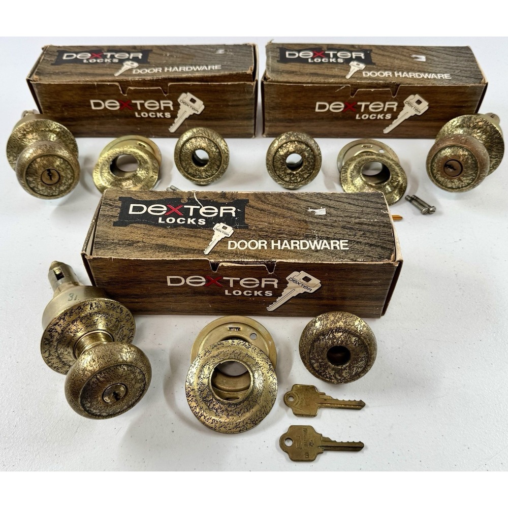 3 Vintage Dexter Door Handle Locks Dover Model 3442 Cylindrical Dexlock